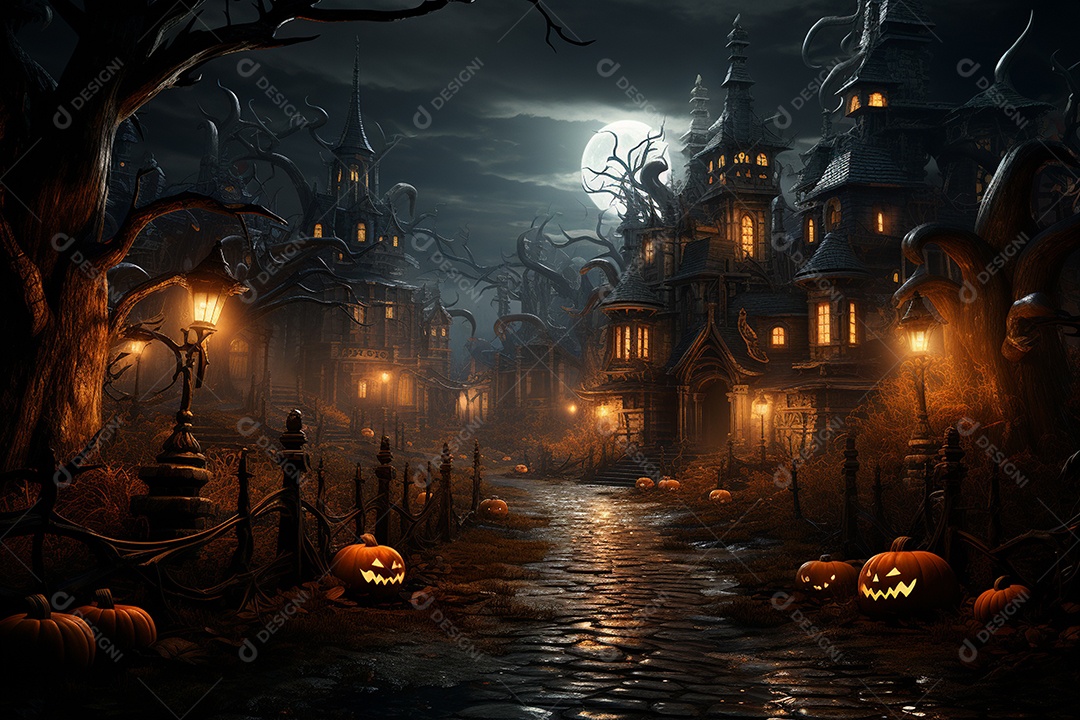 Fundo de Halloween com abóboras e casa assombrada - renderização 3D. Fundo de Halloween com abóbora malvada. Floresta noturna assustadora e assustadora