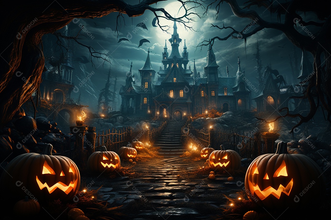 Fundo de Halloween com abóboras e casa assombrada - renderização 3D. Fundo de Halloween com abóbora malvada. Floresta noturna assustadora e assustadora