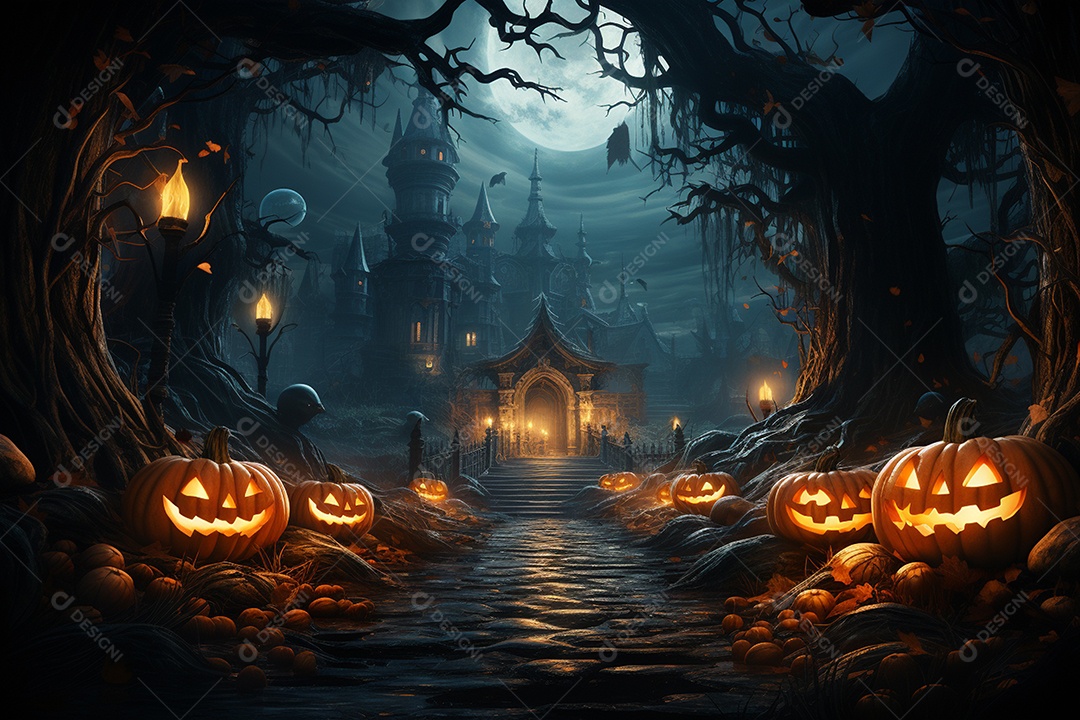 Fundo de Halloween com abóboras e casa assombrada - renderização 3D. Fundo de Halloween com abóbora malvada. Floresta noturna assustadora e assustadora