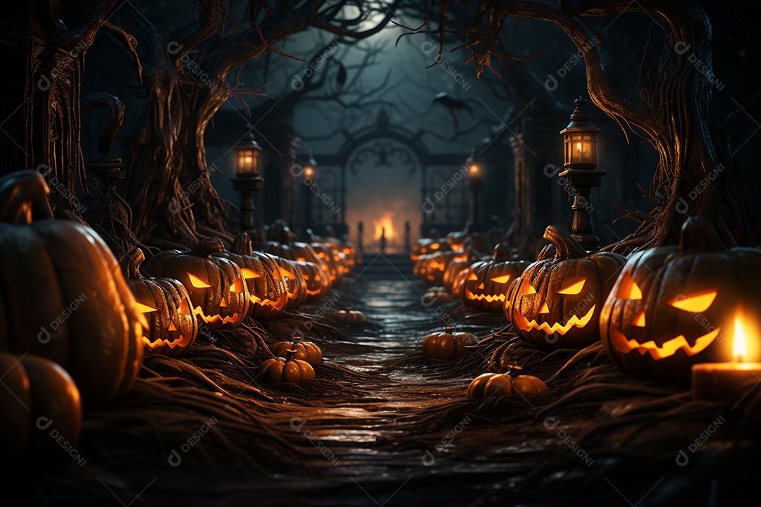 Fundo de Halloween com abóboras e casa assombrada - renderização 3D. Fundo de Halloween com abóbora malvada. Floresta noturna assustadora e assustadora