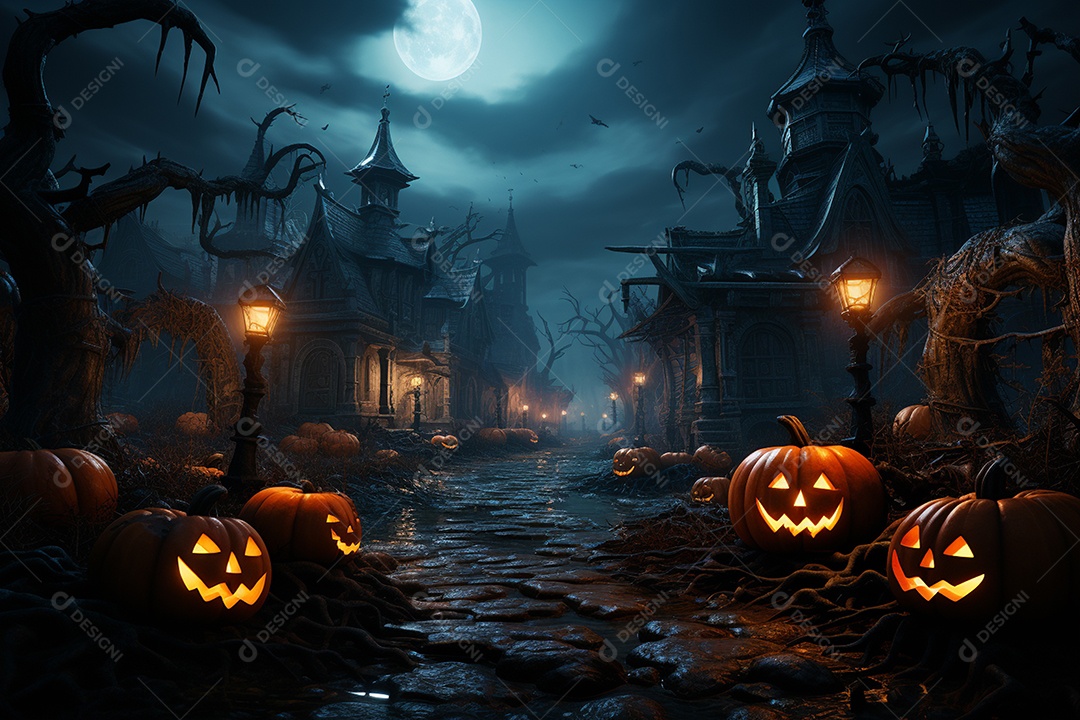 Fundo de Halloween com abóboras e casa assombrada - renderização 3D. Fundo de Halloween com abóbora malvada. Floresta noturna assustadora e assustadora