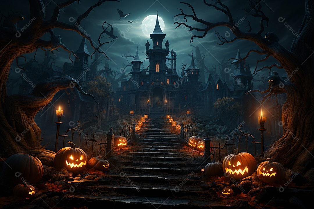 Fundo de Halloween com abóboras e casa assombrada - renderização 3D. Fundo de Halloween com abóbora malvada. Floresta noturna assustadora e assustadora