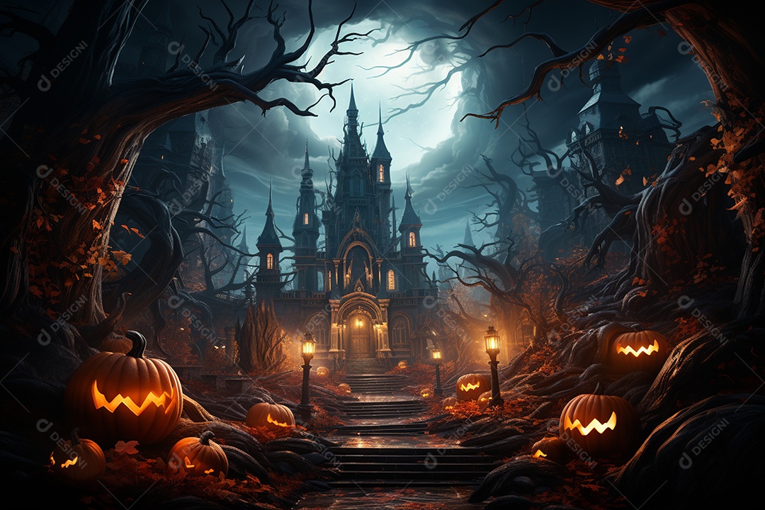 Fundo de Halloween com abóboras e casa assombrada - renderização 3D. Fundo de Halloween com abóbora malvada. Floresta noturna assustadora e assustadora