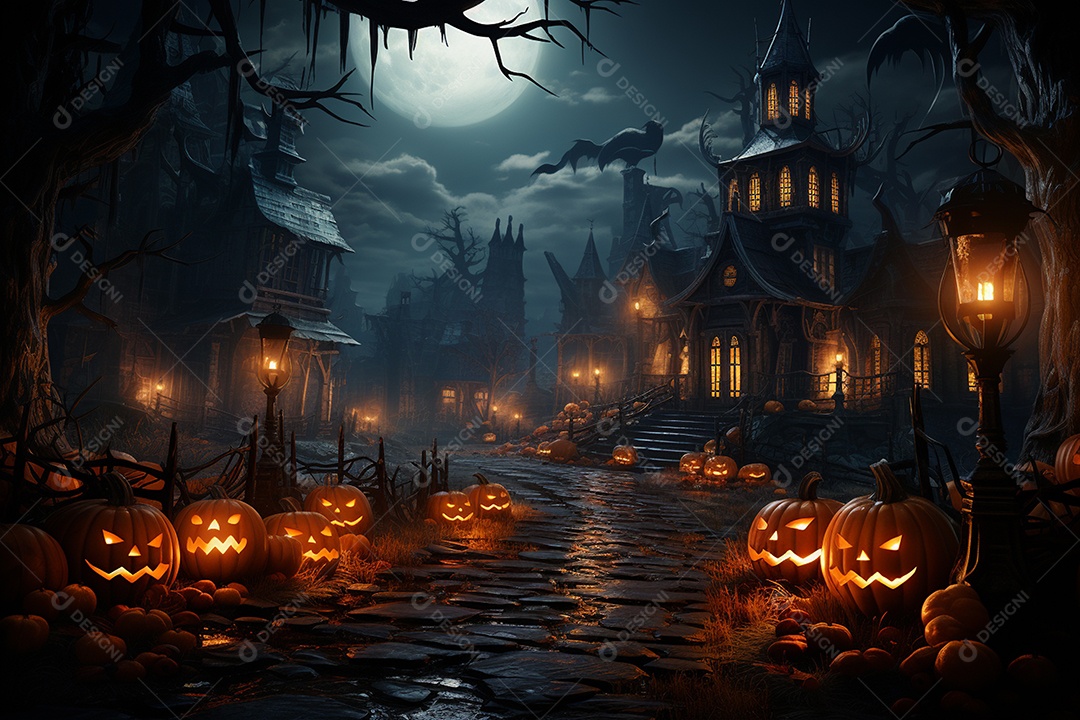 Fundo de Halloween com abóboras e casa assombrada - renderização 3D. Fundo de Halloween com abóbora malvada. Floresta noturna assustadora e assustadora