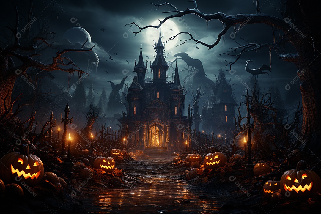 Fundo de Halloween com abóboras e casa assombrada - renderização 3D. Fundo de Halloween com abóbora malvada. Floresta noturna assustadora e assustadora