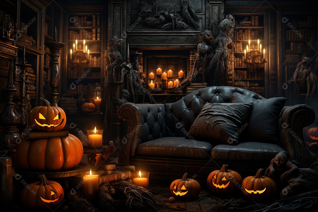 Fundo de Halloween com abóboras e casa assombrada - renderização 3D. Fundo de Halloween com abóbora malvada. Floresta noturna assustadora e assustadora