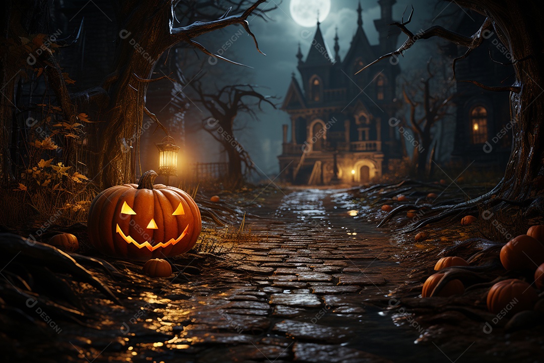 Fundo de Halloween com abóboras e casa assombrada - renderização 3D. Fundo de Halloween com abóbora malvada. Floresta noturna assustadora e assustadora