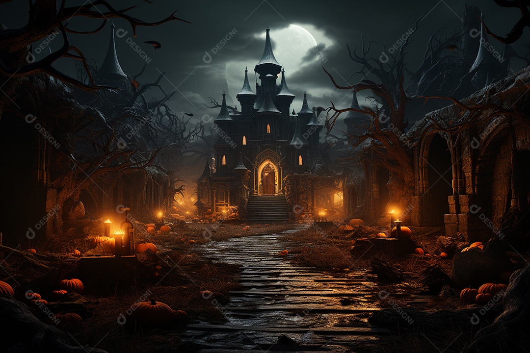 Fundo de Halloween com abóboras e casa assombrada - renderização 3D. Fundo de Halloween com abóbora malvada. Floresta noturna assustadora e assustadora