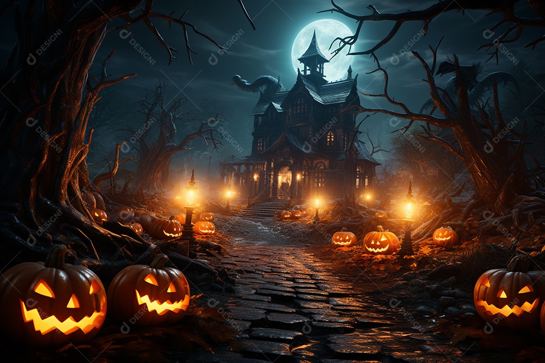 Fundo de Halloween com abóboras e casa assombrada - renderização 3D. Fundo de Halloween com abóbora malvada. Floresta noturna assustadora e assustadora