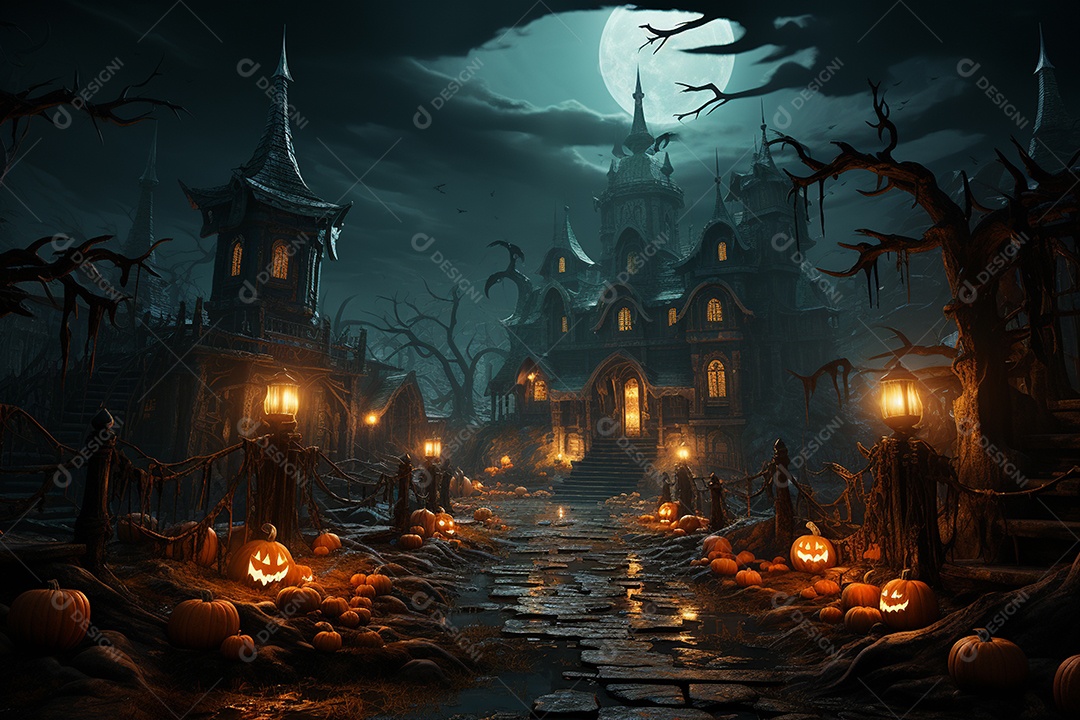 Fundo de Halloween com abóboras e casa assombrada - renderização 3D. Fundo de Halloween com abóbora malvada. Floresta noturna assustadora e assustadora