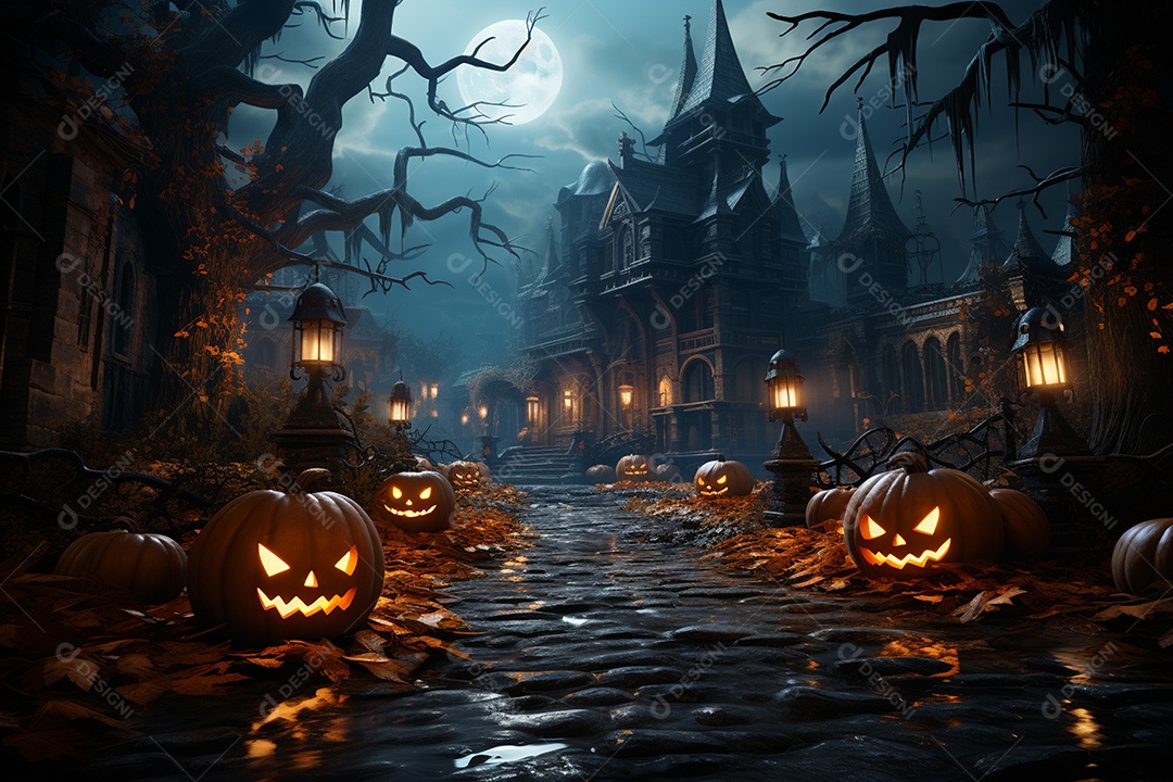 Fundo de Halloween com abóboras e casa assombrada - renderização 3D. Fundo de Halloween com abóbora malvada. Floresta noturna assustadora e assustadora