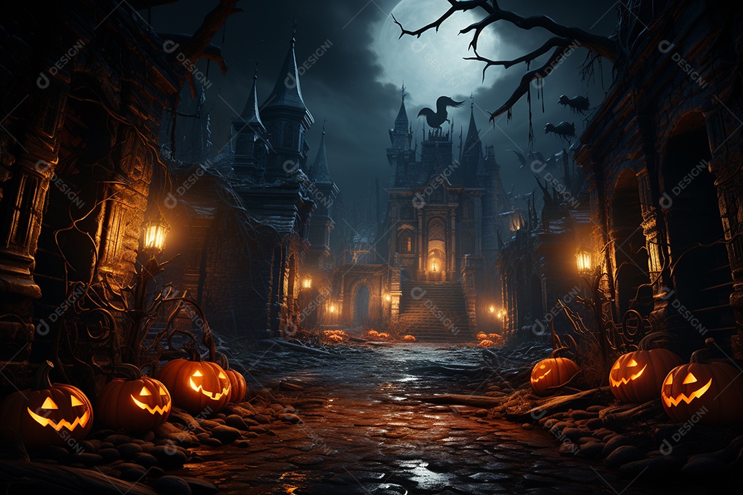 Fundo de Halloween com abóboras e casa assombrada - renderização 3D. Fundo de Halloween com abóbora malvada. Floresta noturna assustadora e assustadora