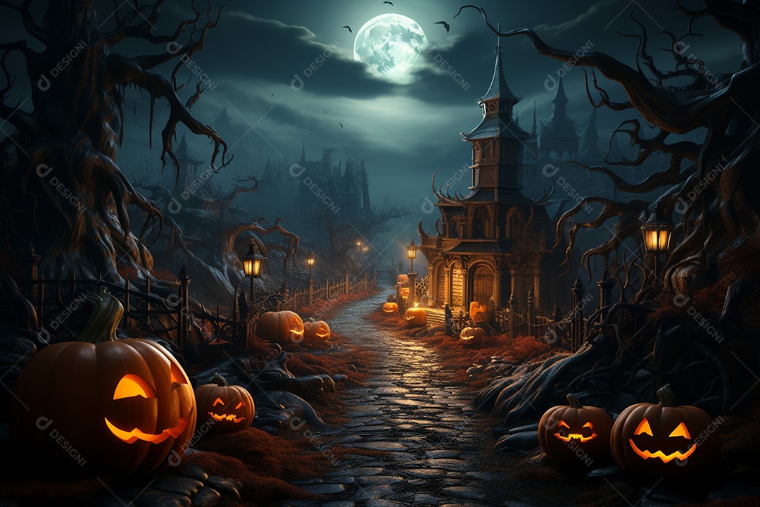 Fundo de Halloween com abóboras e casa assombrada - renderização 3D. Fundo de Halloween com abóbora malvada. Floresta noturna assustadora e assustadora