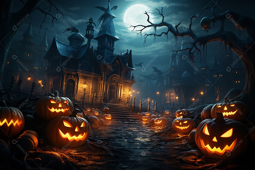 Fundo de Halloween com abóboras e casa assombrada - renderização 3D. Fundo de Halloween com abóbora malvada. Floresta noturna assustadora e assustadora