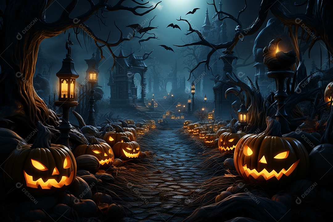 Fundo de Halloween com abóboras e casa assombrada - renderização 3D. Fundo de Halloween com abóbora malvada. Floresta noturna assustadora e assustadora