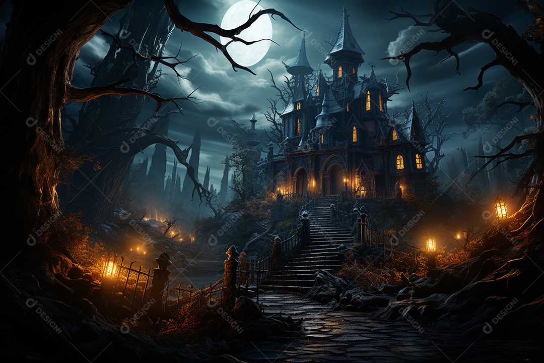 Fundo de Halloween com abóboras e casa assombrada - renderização 3D. Fundo de Halloween com abóbora malvada. Floresta noturna assustadora e assustadora