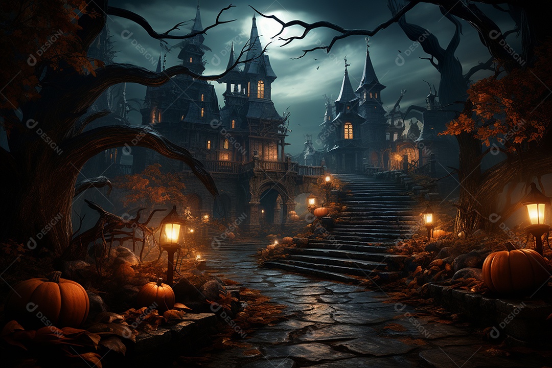 Fundo de Halloween com abóboras e casa assombrada - renderização 3D. Fundo de Halloween com abóbora malvada. Floresta noturna assustadora e assustadora