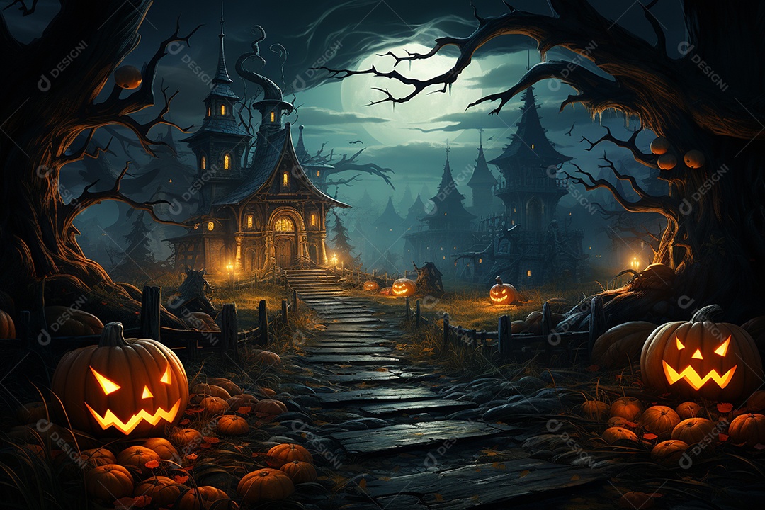 Fundo de Halloween com abóboras e casa assombrada - renderização 3D. Fundo de Halloween com abóbora malvada. Floresta noturna assustadora e assustadora