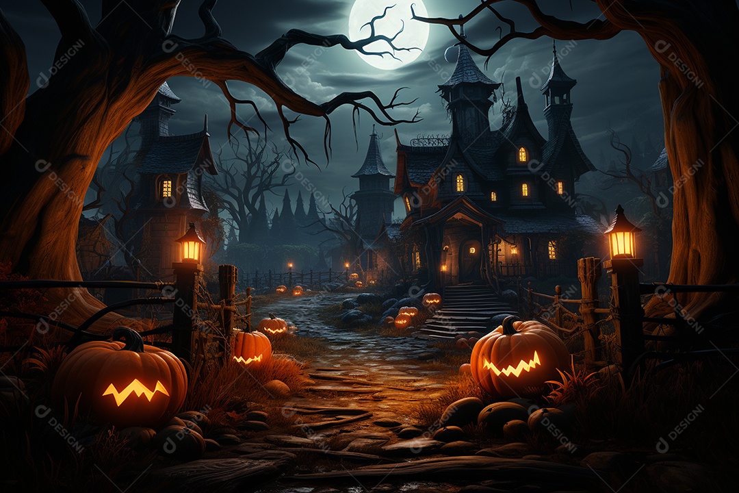 Fundo de Halloween com abóboras e casa assombrada - renderização 3D. Fundo de Halloween com abóbora malvada. Floresta noturna assustadora e assustadora