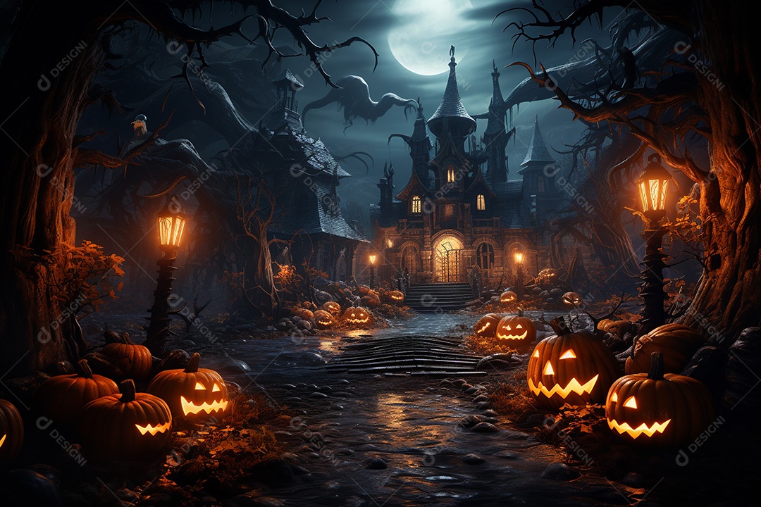 Fundo de Halloween com abóboras e casa assombrada - renderização 3D. Fundo de Halloween com abóbora malvada. Floresta noturna assustadora e assustadora