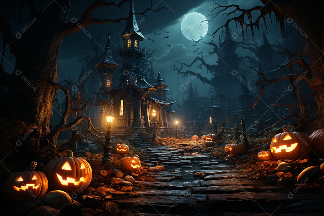 Fundo de Halloween com abóboras e casa assombrada - renderização 3D. Fundo de Halloween com abóbora malvada. Floresta noturna assustadora e assustadora
