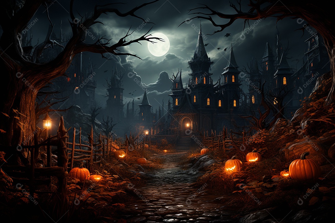 Fundo de Halloween com abóboras e casa assombrada - renderização 3D. Fundo de Halloween com abóbora malvada. Floresta noturna assustadora e assustadora