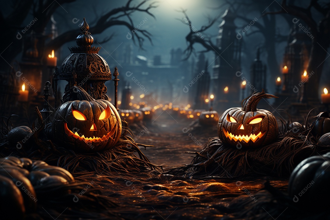 Fundo de Halloween com abóboras e casa assombrada - renderização 3D. Fundo de Halloween com abóbora malvada. Floresta noturna assustadora e assustadora