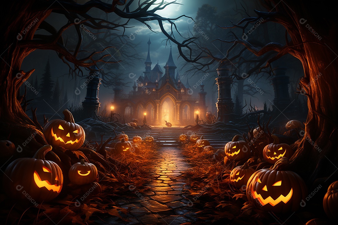 Fundo de Halloween com abóboras e casa assombrada - renderização 3D. Fundo de Halloween com abóbora malvada. Floresta noturna assustadora e assustadora