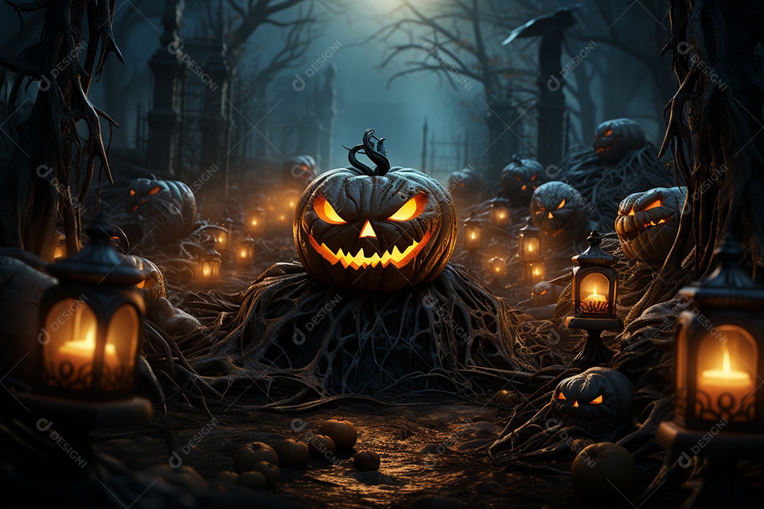 Fundo de Halloween com abóboras e casa assombrada - renderização 3D. Fundo de Halloween com abóbora malvada. Floresta noturna assustadora e assustadora