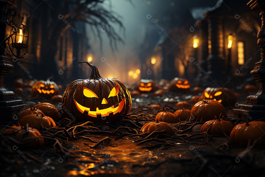 Fundo de Halloween com abóboras e casa assombrada - renderização 3D. Fundo de Halloween com abóbora malvada. Floresta noturna assustadora e assustadora