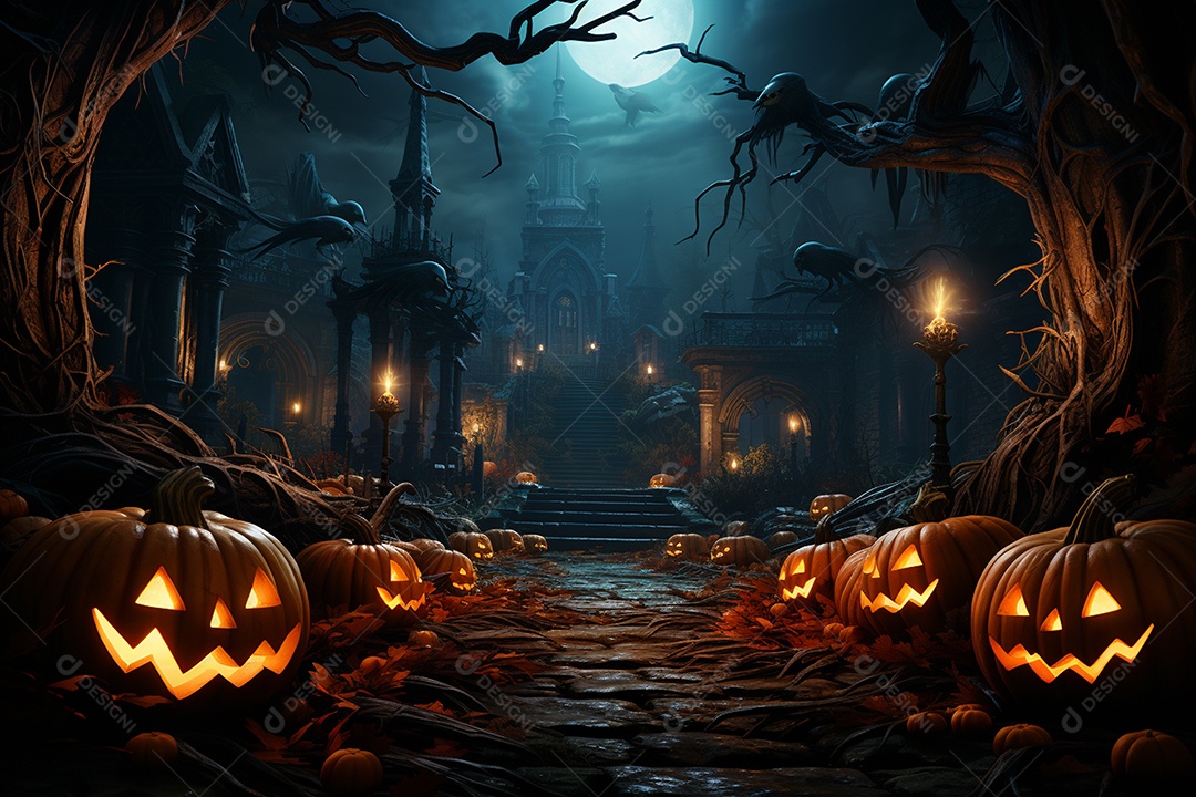 Fundo de Halloween com abóboras e casa assombrada - renderização 3D. Fundo de Halloween com abóbora malvada. Floresta noturna assustadora e assustadora