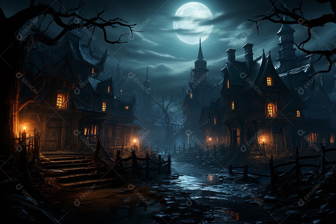 Fundo de Halloween com abóboras e casa assombrada - renderização 3D. Fundo de Halloween com abóbora malvada. Floresta noturna assustadora e assustadora