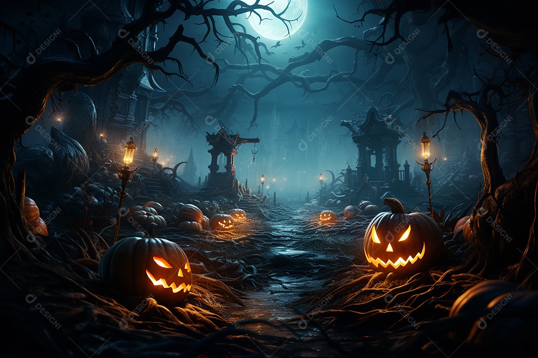 Fundo de Halloween com abóboras e casa assombrada - renderização 3D. Fundo de Halloween com abóbora malvada. Floresta noturna assustadora e assustadora