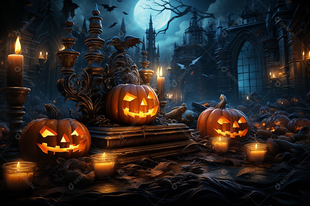 Fundo de Halloween com abóboras e casa assombrada - renderização 3D. Fundo de Halloween com abóbora malvada. Floresta noturna assustadora e assustadora