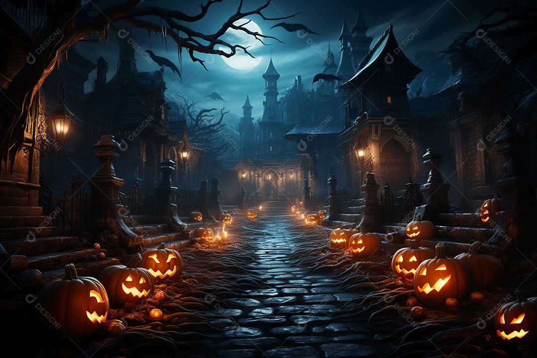Fundo de Halloween com abóboras e casa assombrada - renderização 3D. Fundo de Halloween com abóbora malvada. Floresta noturna assustadora e assustadora