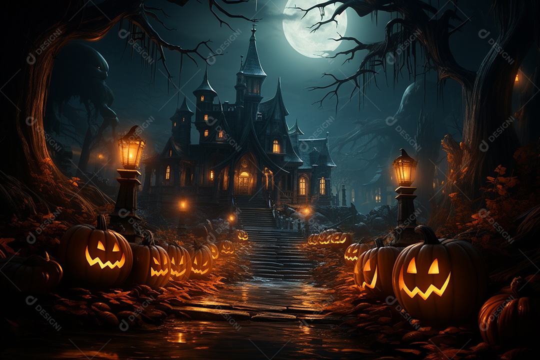 Fundo de Halloween com abóboras e casa assombrada - renderização 3D. Fundo de Halloween com abóbora malvada. Floresta noturna assustadora e assustadora