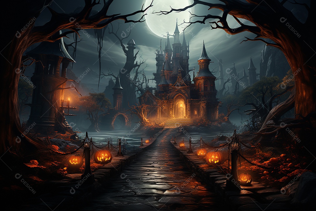 Fundo de Halloween com abóboras e casa assombrada - renderização 3D. Fundo de Halloween com abóbora malvada. Floresta noturna assustadora e assustadora