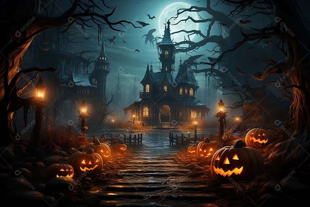 Fundo de Halloween com abóboras e casa assombrada - renderização 3D. Fundo de Halloween com abóbora malvada. Floresta noturna assustadora e assustadora