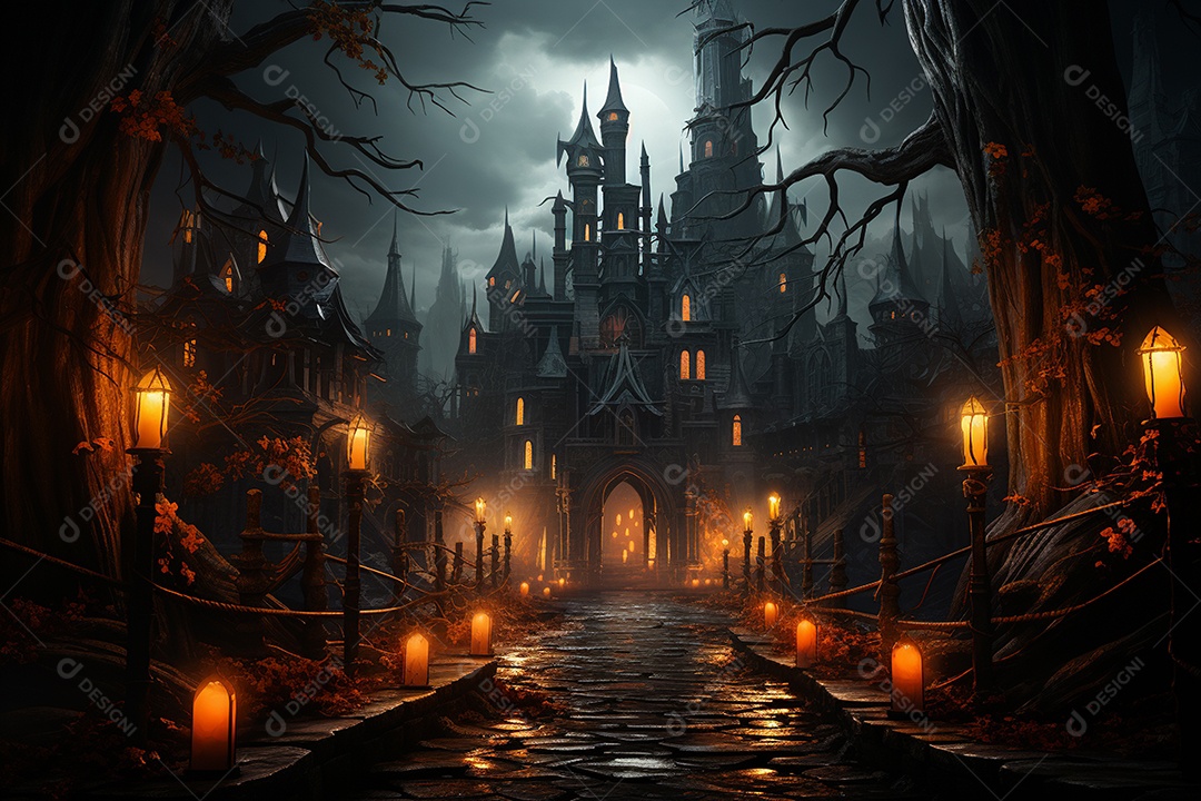 Fundo de Halloween com abóboras e casa assombrada - renderização 3D. Fundo de Halloween com abóbora malvada. Floresta noturna assustadora e assustadora