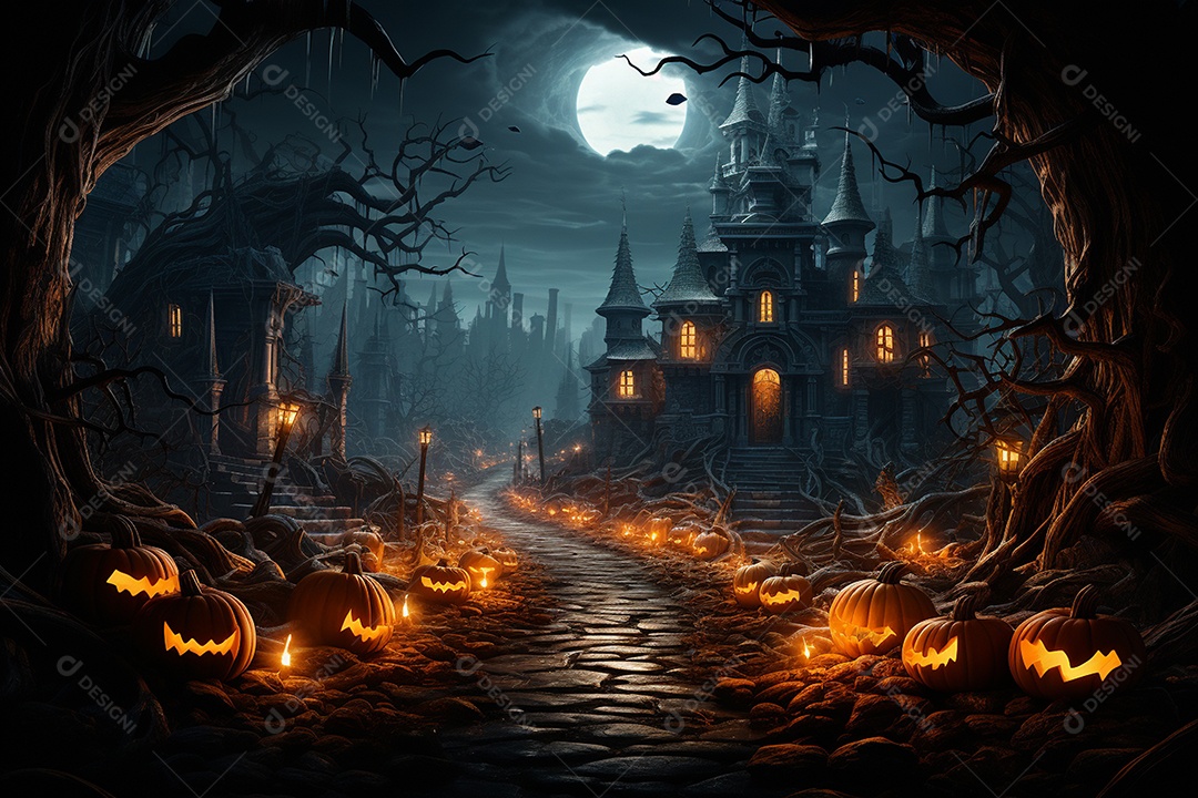 Fundo de Halloween com abóboras e casa assombrada - renderização 3D. Fundo de Halloween com abóbora malvada. Floresta noturna assustadora e assustadora