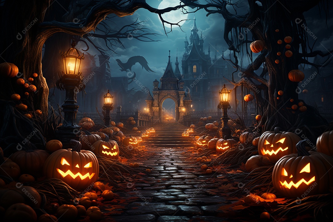 Fundo de Halloween com abóboras e casa assombrada - renderização 3D. Fundo de Halloween com abóbora malvada. Floresta noturna assustadora e assustadora