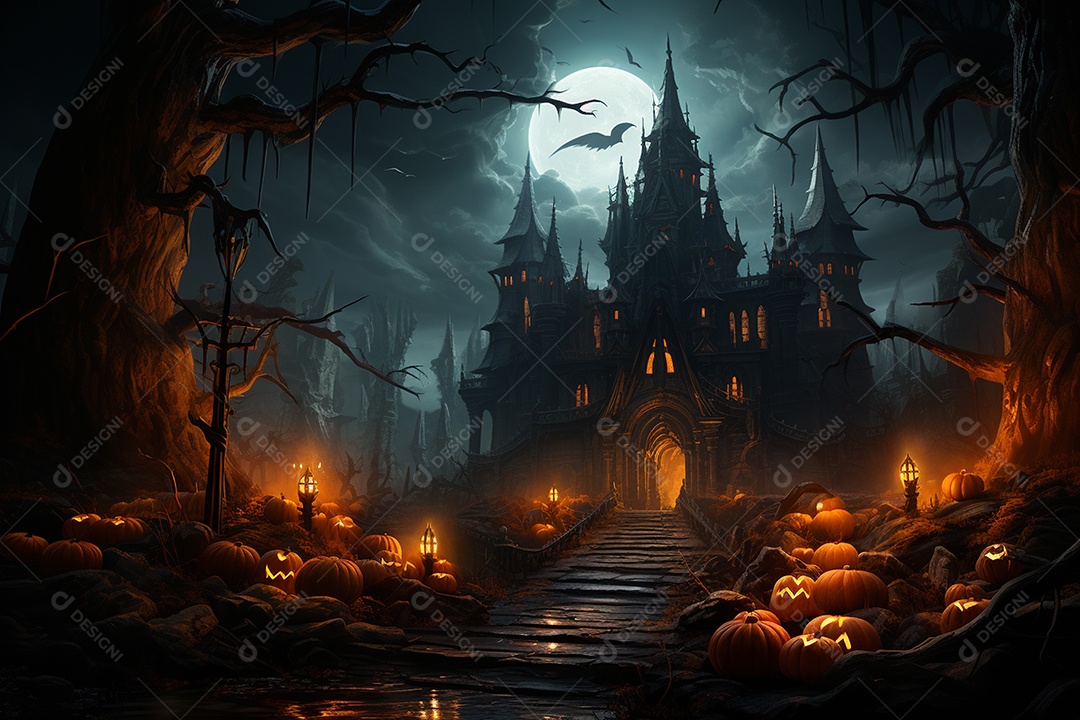 Fundo de Halloween com abóboras e casa assombrada - renderização 3D. Fundo de Halloween com abóbora malvada. Floresta noturna assustadora e assustadora