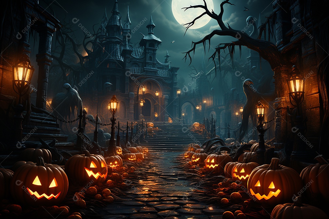 Fundo de Halloween com abóboras e casa assombrada - renderização 3D. Fundo de Halloween com abóbora malvada. Floresta noturna assustadora e assustadora