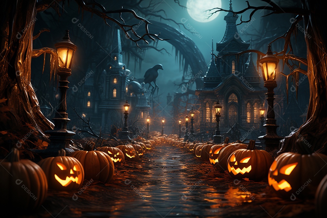 Fundo de Halloween com abóboras e casa assombrada - renderização 3D. Fundo de Halloween com abóbora malvada. Floresta noturna assustadora e assustadora