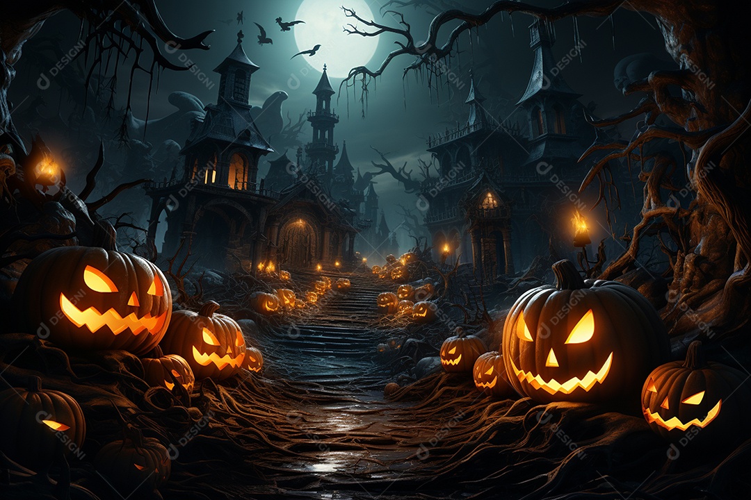 Fundo de Halloween com abóboras e casa assombrada - renderização 3D. Fundo de Halloween com abóbora malvada. Floresta noturna assustadora e assustadora