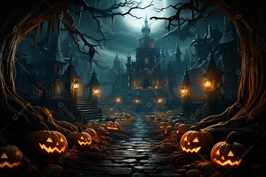 Fundo de Halloween com abóboras e casa assombrada - renderização 3D. Fundo de Halloween com abóbora malvada. Floresta noturna assustadora e assustadora