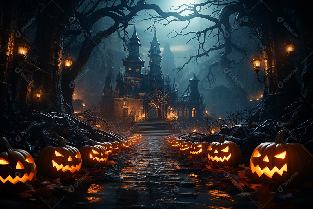 Fundo de Halloween com abóboras e casa assombrada - renderização 3D. Fundo de Halloween com abóbora malvada. Floresta noturna assustadora e assustadora