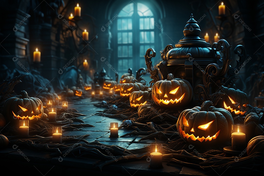 Fundo de Halloween com abóboras e casa assombrada - renderização 3D. Fundo de Halloween com abóbora malvada. Floresta noturna assustadora e assustadora