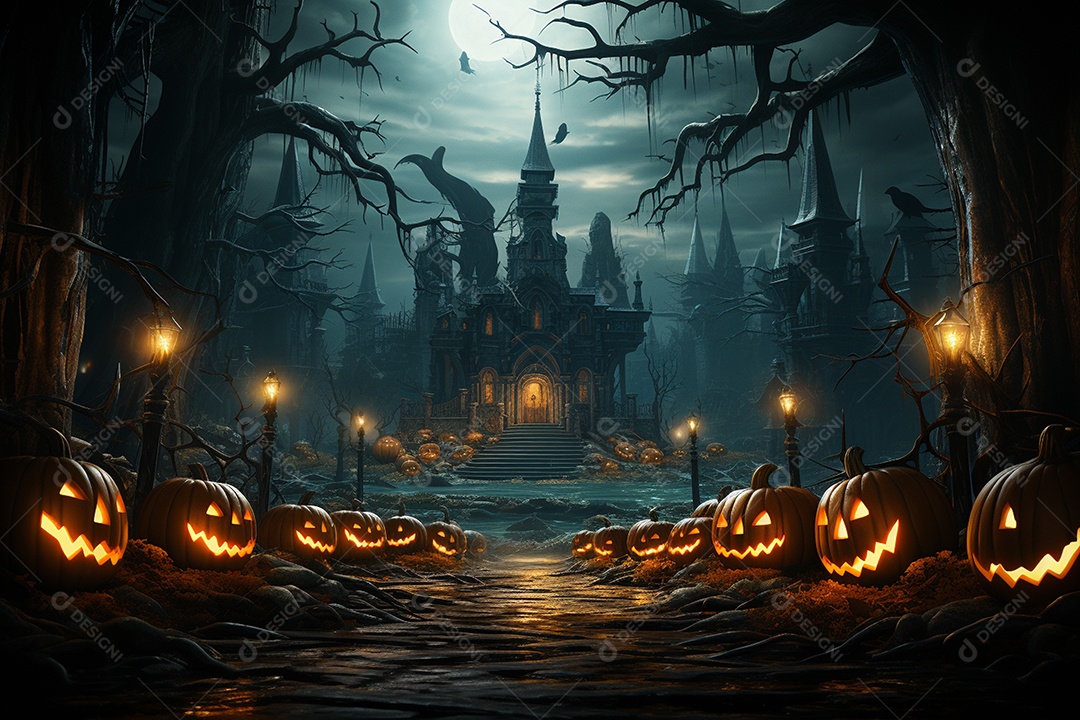 Fundo de Halloween com abóboras e casa assombrada - renderização 3D. Fundo de Halloween com abóbora malvada. Floresta noturna assustadora e assustadora