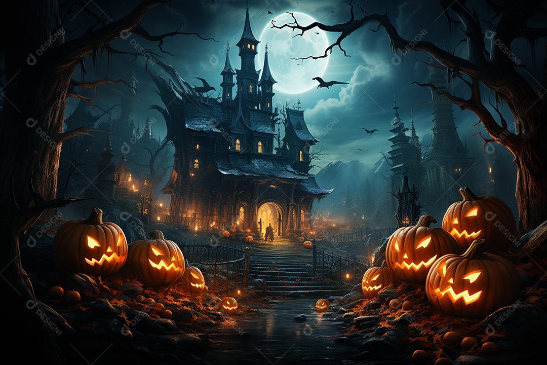 Fundo de Halloween com abóboras e casa assombrada - renderização 3D. Fundo de Halloween com abóbora malvada. Floresta noturna assustadora e assustadora